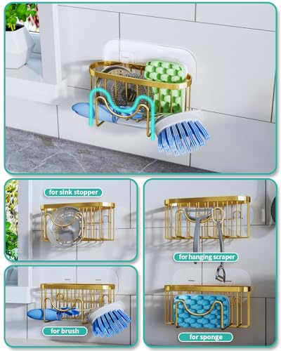 HapiRm Multifunctional Sponge Holder - 2 Installation Methods Sink Caddy with Unique M-shaped, Stainless Steel Kitchen Sink Organizer for Sponge, Brush, Stopper and Scraper - Gold - color: Gold, size: with M-shaped Holder
