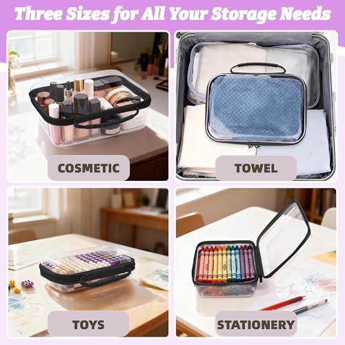 3 Pack Deep Clear Hard Shell Zipper Cases with Handle (Black) | Travel Toiletry Bag, Waterproof 1.2mm PET Hard Plastic Pouches, Organizer Box for Makeup, Toy, Snack, Stationery, Diaper - color: Black Handle(L+M+S)