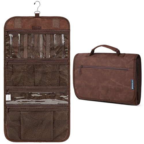 PAVILIA Hanging Toiletry Bag for Women Men Foldable Travel Organizer, Brown - color: Brown
