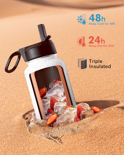Coolflask 40 oz Water Bottle Insulated with Straw & 3 Leakproof Lids | Water Flask Stainless Steel Triple-Wall Vacuum,Cold 48+h,Dishwasher Safe,Wide Mouth, BPA-Free,Carrier Bag,for Gym,Hiking - color: Arctic White, size: 40 Ounces