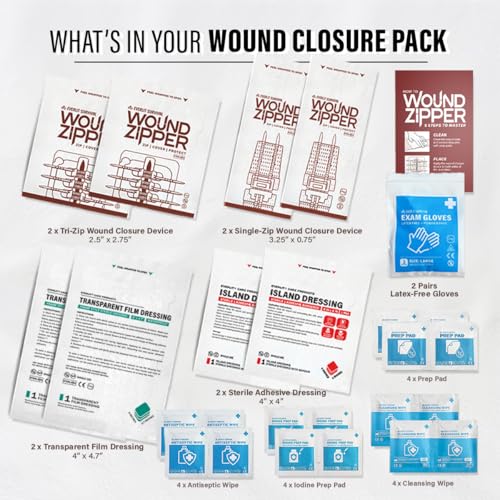 EVERLIT Wound Closure Pack | 4 Pcs Surgical Wound Zip Devices for Cut & Laceration Wound Repair | Sterile, Suture-Free, Stitch-Less Adhesive Butterfly Bandage Strips for Emergency First Aid Care - size: 4 Zip Compact Pack