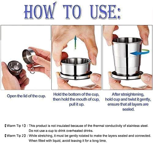 Stainless Steel Collapsible Cup, 250ml, Portable Foldable Travel Mug with Keychain for Camping, Hiking, Outdoor Use