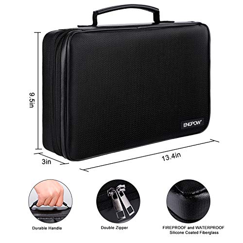 ENGPOW Battery Organizer Storage Box w/Tester,Protects Up to 220 Batteries | Fireproof,Water-Resistant,Explosionproof,Portable Battery Vault Carrying Case with Handle & Zipper, Safe for Home,Garage,Car