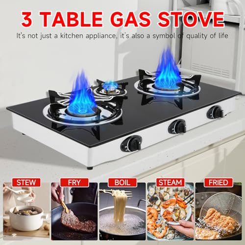 Propane Gas Cooktop,3 Burners Gas Stove portable, 0.28"Tempered Glass, Auto Ignition Camping 3 Burner LPG for RV,Apartments,Outdoor - size: 3 Burners
