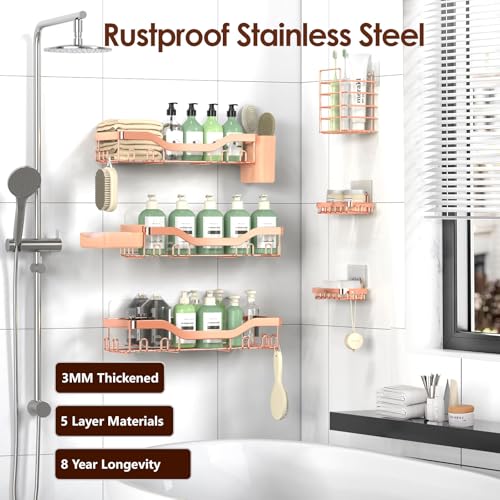 NESOMI Shower Caddy Adhesive Shower Organizer 8-Pack, Rustproof Stainless Steel Bathroom Shelves, Large Capacity No-Drill Rack Storage Accessories with Soap Dish Toothbrush Holder Hooks - color: Rose Gold, size: 8-Piece Set