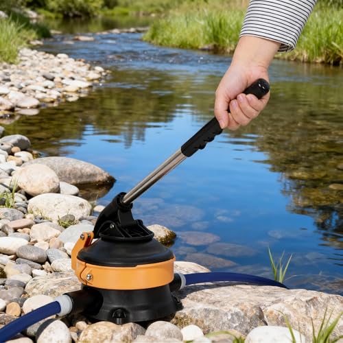 Hand Water Pump with Stainless Steel Lever - Manual Water Pump for Well, Camping, Boat, Emergency - Portable Hand Pump with Hose Connection for Gardens, Ponds, Kayaks, RV, Marine Use, Black-Orange