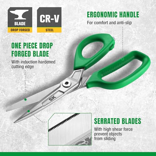 SK 9" Heavy Duty Scissors All Purpose, Industrial Shears, One Piece Blades | Drop Forged Sharp Utility Scissors, Premium CR-V Steel, Ergonomic Handle for Comfortable Grip - size: 9 Inch