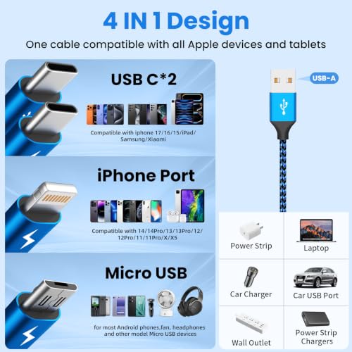 4 in 1 Dual Type C Multi Charging Cable, Charging Cord for Multiple Devices | 2 Pack 5FT USB Charging Cable with 2 USB C/IP/Micro USB Charger, Phone Charger for iPhone 17-8/ Android/Pad and More,Blue - color: Deep Blue