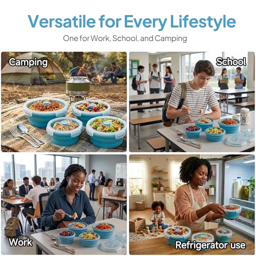 Collapsible Silicone Food Storage Containers with Lids, Set of 4 Sizes (12/17/27/40oz), Leakproof Collapsible Lunch Box, Microwave Freezer Dishwasher Safe, Space Saving for Camping RV Travel