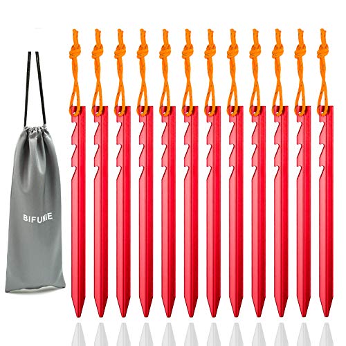 Aluminum Alloy Tent Stakes Pegs, 12-Pack Aluminum Ground Pegs with Reflective Pull Ropes, Lightweight Metal Stakes Pegs for Camping Tents Hammocks - color: Red