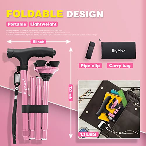 BigAlex Folding Walking Cane with LED Light,Pivoting Quad Base,Adjustable Walking Stick with Carrying Bag for Man/Woman (Alloy Base) - color: Pink(30"-35")