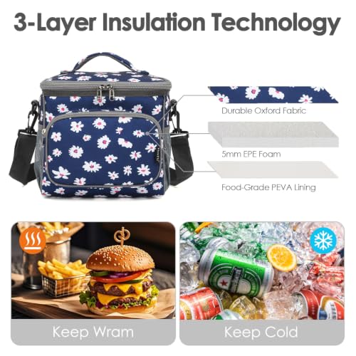 FlowFly Insulated Reusable Lunch Bag Adult Large Lunch Box for Women and Men with Adjustable Shoulder Strap,Front Zipper Pocket and Dual Large Mesh Side Pockets,Daisy - color: Daisy