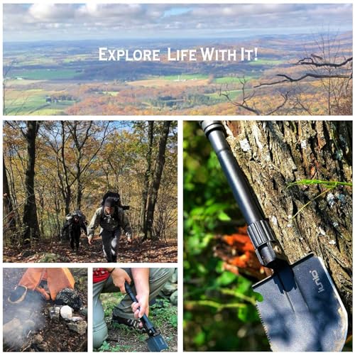 iunio Folding Camping Shovel w/Pick, 18.3in Heavy Duty Carbon Steel Shovel, Military-Grade Entrenching Tool, Collapsible Survival Shovel for Car Emergency Pickaxe Camping Trenching Hiking Gardening - size: 18.3in Basic E-tool