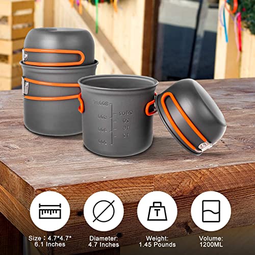 Camping Cookware Set, Portable Camping Mess Kit with Non-Stick Pots, Pans Set and Folding Fork, Lightweight Backpacking cookware Cooking Set for Outdoor/Camping/Hiking/Picnic - color: Orange