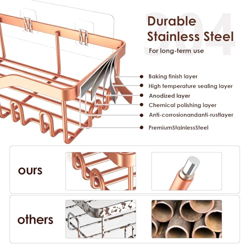 NESOMI Shower Caddy Adhesive Shower Organizer 8-Pack, Rustproof Stainless Steel Bathroom Shelves, Large Capacity No-Drill Rack Storage Accessories with Soap Dish Toothbrush Holder Hooks - color: Rose Gold, size: 8-Piece Set