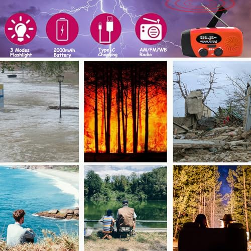 Portable 2000mAh Hand Crank Emergency Solar Panel SOS Weather Radio, Self-Powered 7 NOAA Channels Emergency Radio, WB/AM/FM Radios with Reading Lamp (Orange) - color: Orange