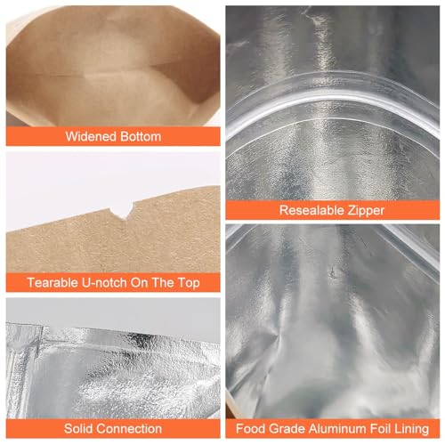 SumDirect Kraft Stand Up Pouches - 100 Pack Self-Sealing Zipper Food Storage Reusable Bags with Foil Lined for Home or Business (6X9.4 Inch,100PCS) - size: 6X9.4 Inch,100PCS