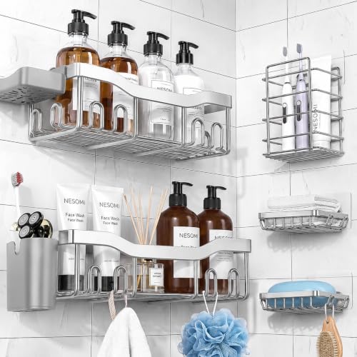 NESOMI Shower Caddy Adhesive Shower Organizer 7-Pack, Rustproof Stainless Steel Bathroom Shelves, Large Capacity No-Drill Rack Storage Accessories with Soap Dish Toothbrush Holder Hooks - color: Silver, size: 7-Piece Set