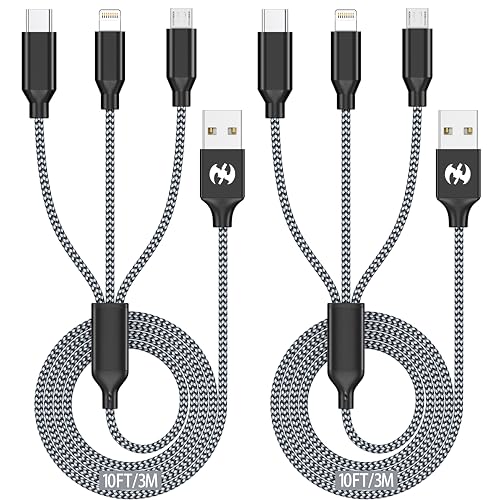 Multi Charging Cable 10ft 2Pack 3 in 1 Charger Cord, Long Multiple Cable | Nylon Braided Cable USB Charging Cable Multi Phone Charger Cord with Type C Micro Lightning for Apple iPhone17-5 Cell Phones - color: Black/Grey-10ft