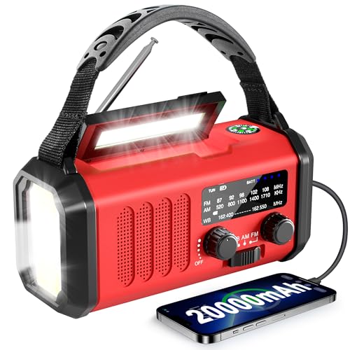 Emergency Radio NOAA Weather Radio Hand Crank & Solar Charging 20000mAh - color: Scarlet 20000mAh