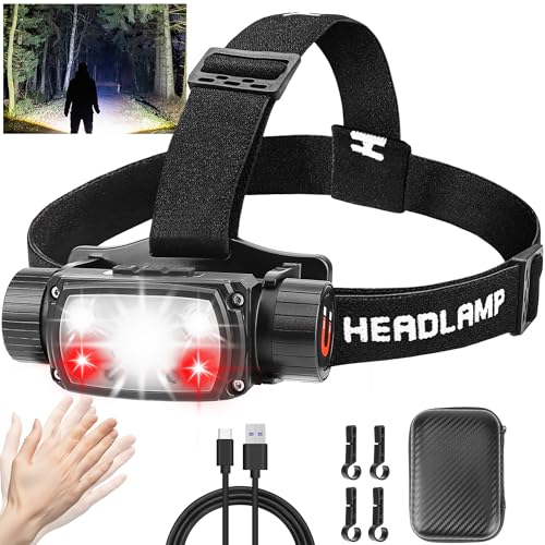 Headlamp Rechargeable, 2000 Lumen Motion Sensor LED Head Lamp with Red Light for Adults, 4000 mAh Battery Powered Super Bright USB C Hard Hat Headlight Forehead for Camping Hunting Hiking Running - size: 9 modes