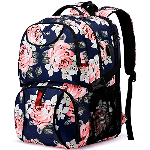 Lunch Cooler Backpack for Women, Extra Large 17 inch Travel Laptop Backpack with USB Charging Port, Water Resistant - color: Blue Pink
