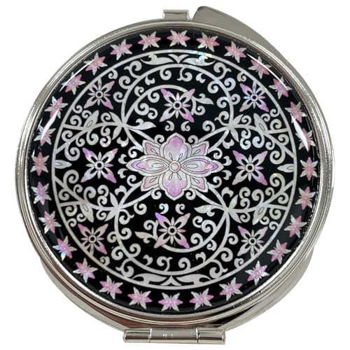 Portable Makeup Compact Double Magnifying Mirror Cosmestic Foldable Pocket Style Unique Mother of Pearl Design (Ivy) - color: Ivy