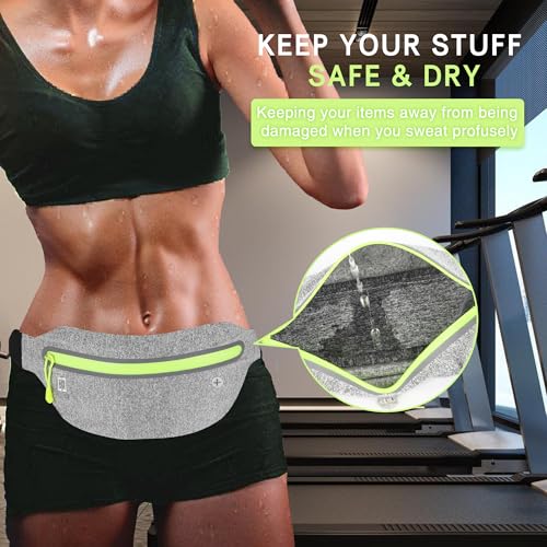Running Belt Slim, Light Running Belts for Phone with Reflective Strip, Running Fanny Pack Sweatproof with Headphone Jack, Running Pouch Separate Pockets for Workouts, Trips (Light Gray)