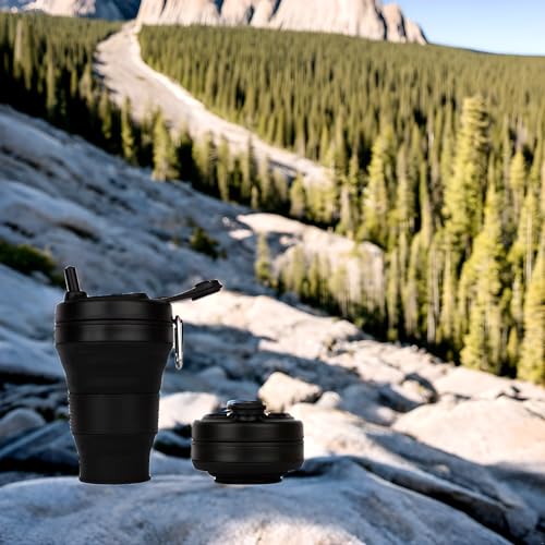 Silicone Coffee Cup with Straw lid Collapsible Cups for Traveling 20oz Lightweight Folding Water Mug for Picnic Hicking Camping Climbing (Black) - color: Black