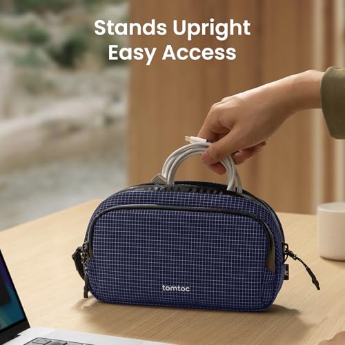 tomtoc Electronic Organizer Travel Case Performance, Dual Compartment Bag - color: Navy Blue Plaid, size: Medium