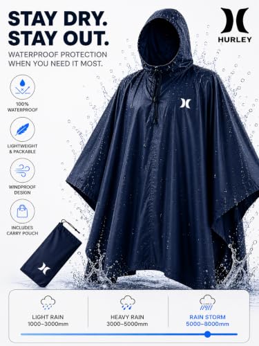 Hurley Ponchos Adult Rain Ponchos Waterproof Lightweight Packable Rain Top | Compact Packable Design for Hiking, Camping and Emergencies, Waterproof Coverage That Stows Easily in a Bag - color: Navy
