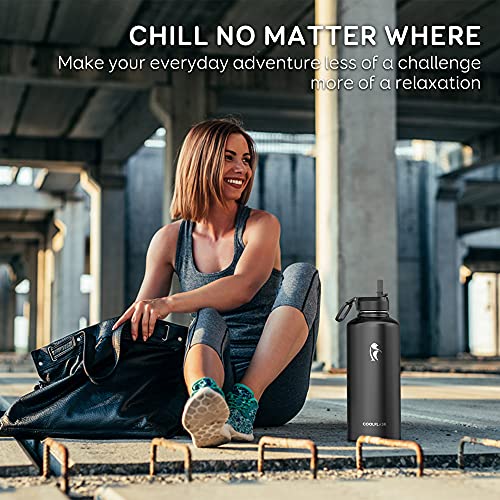 Coolflask 87 oz Insulated Water Bottle Stainless Steel with Straw & 3 Lids - color: Magic Black, size: 87 Ounces