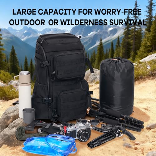 Timeet Tactical Backpack for Men, 20 Inch Black 45L Large Capacity, U-Shaped Wide Opening Molle Military Hiking 3 Day Assault Pack, Water Resistant - color: Black