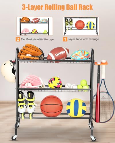 EXTCCT Basketball Rack with Wheels, 3 Tier Garage Ball Storage Organizer | Heavy duty rolling balls cart with two basket storage, ball holder, Sports equipment organized for outdoor, indoor, Black - color: Small Black