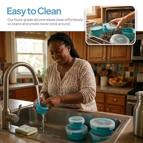 Collapsible Silicone Food Storage Containers with Lids, Set of 4 Sizes (12/17/27/40oz), Leakproof Collapsible Lunch Box, Microwave Freezer Dishwasher Safe, Space Saving for Camping RV Travel