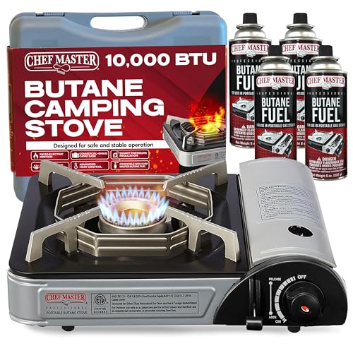Chef Master Butane Camping Stove - Combo w/ 4x Fuel Canisters, 10,000 BTU - style: Stove & Fuel
