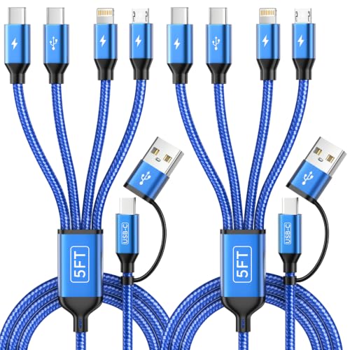 4 in 2 USB A/C Multi Charging Cable, Charging Cords for Multiple Devices | 2 Pack 5FT Multi Charger Cable with 2 Type-C, IP, Micro USB Cable, Phone Charger Cord for iPhone 17-8, Android, iPad, Galaxy - color: Blue