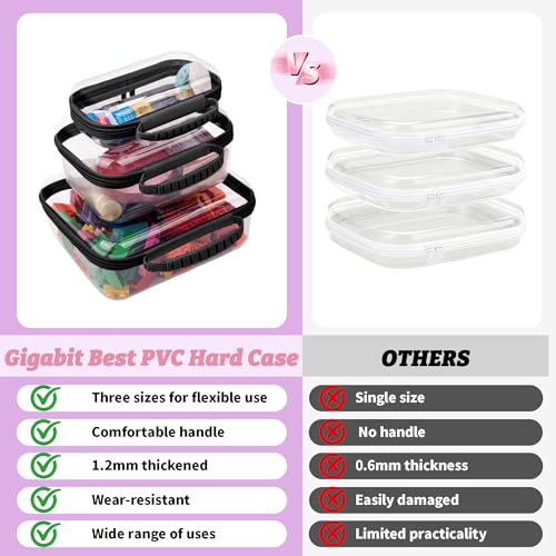 3 Pack Deep Clear Hard Shell Zipper Cases with Handle (Black) | Travel Toiletry Bag, Waterproof 1.2mm PET Hard Plastic Pouches, Organizer Box for Makeup, Toy, Snack, Stationery, Diaper - color: Black Handle(L+M+S)