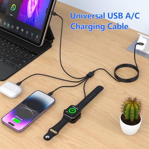 6in1 Multi Charging Cable for Apple Watch Charger, 10FT USB A/C Fast Charging Cord Cable Compatible with iWatch Ultra/SE/9/8/7/6/5/4/3 & iPhone 15/14/13/12/11/Galaxy, Black Universal Travel Charger - color: Black