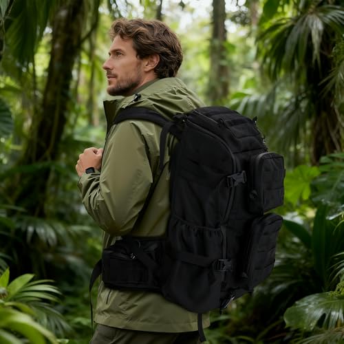 Timeet Tactical Backpack for Men, 20 Inch Black 45L Large Capacity, U-Shaped Wide Opening Molle Military Hiking 3 Day Assault Pack, Water Resistant - color: Black