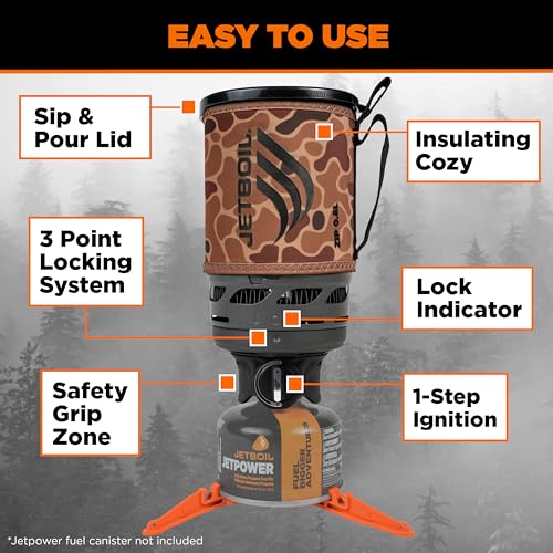 Jetboil Zip 0.8L Portable Fast Boil Stove with Easy-Turn Knob Igniter for Backpacking and Camping, Propane/Isobutane Burner - color: Brown Duck Camo