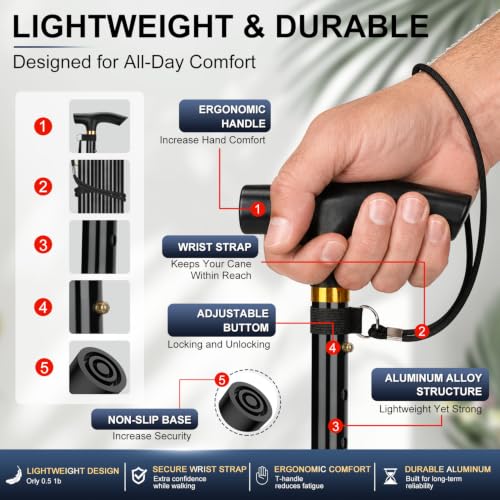 supregear Folding Cane, 5-Level Adjustable Height Walking Stick Lightweight Collapsible Portable Travel Cane with Wrist Strap and T Handle for Elderly Disabled Men Women - color: Black