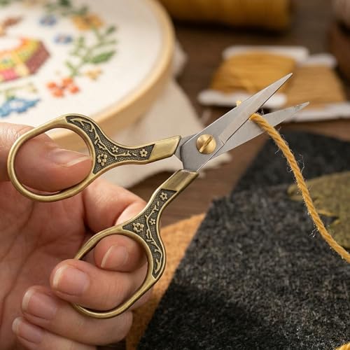 Needlepoint Scissors with Leather Sheath, 5" Vintage Antique Bronze Small Embroidery Scissors, Sharp Sewing Snips for Fabric, Yarn, Thread & Daily Crafting, Aesthetic Metal Craft Scissors - color: Bronze