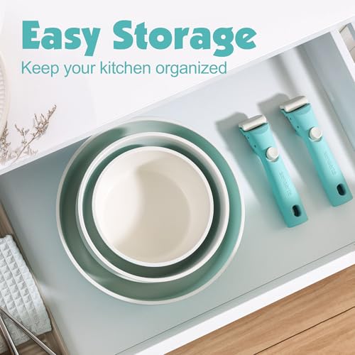SENSARTE 24 Piece Ceramic Detachable Handle Pots and Pans Set Turquoise | Ceramic Cookware Set, Induction Cookware Set with Removable Handle, Healthy Non Stick for RV, Dishwasher ＆ Oven Safe - color: Turquoise, size: 24 Piece