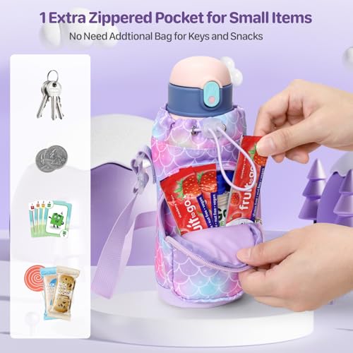 Water Bottle Holder for Kids - Water Bottle Carrier with Strap - color: 1-Purple Mermaid Scale