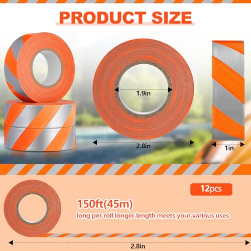 Pushglossy 12 Rolls 1" x 1800' Orange Flagging Tape with Silver Stripe | Non Adhesive, Reflective, Plastic Survey Ribbon Surveyor Caution Trail Marking Tape for Tree Mark Hunting Hiking Construction - size: 1"x 150'