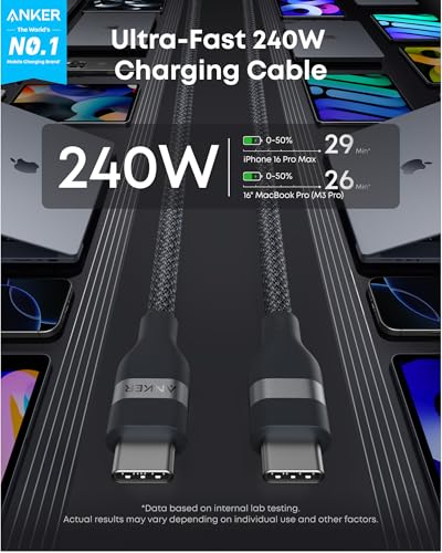 Anker Nano USB C to USB C Cable, 240W Fast Charging Cable (1 ft, Black) | Flexible Multi-Color Braided Charger for iPhone 17 Series, MacBook Pro, and More - color: Black, size: 1ft