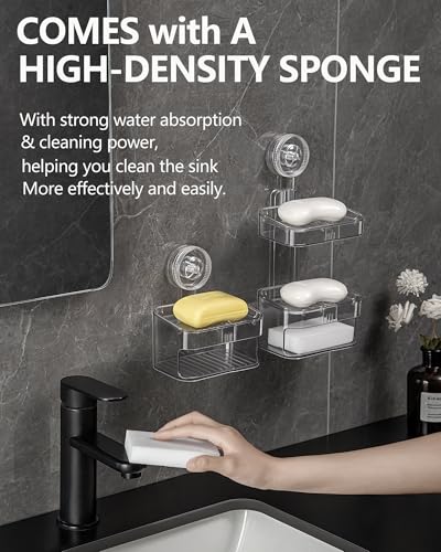 Suction Cup Soap Dish - Clear Suction Soap Holder with High-Density Sponge, Strong Suction & Reusable Adhesive NO-Drilling Waterproof Soap Sponge Holder for Shower Bathroom Bathtub Kitchen - style: 1 Layer+Sponge