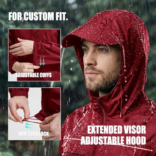 ZITY Mens Rain Jacket with Lining Waterproof Lightweight Rain Coats Packable Hooded Windbreaker for Hiking Golf Cycling - color: Red, size: 4X-Large