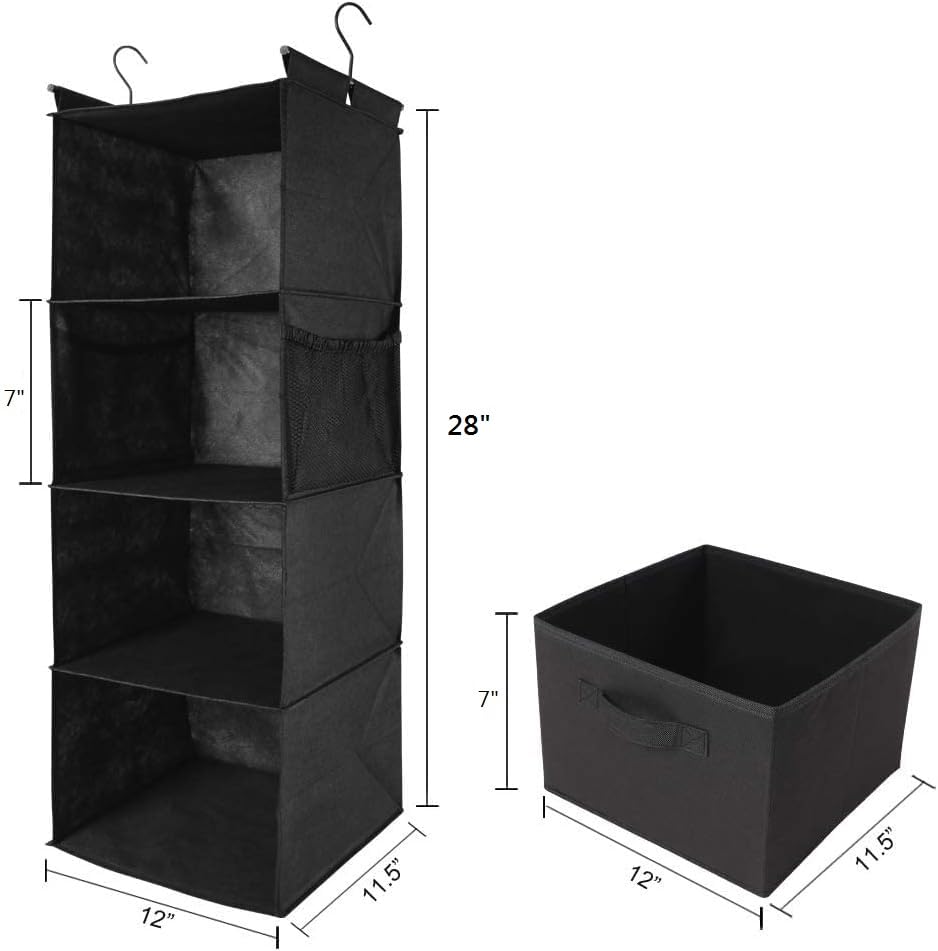MAX Houser 4-Shelf Hanging Closet Organizer, Space Saver, Cloth Hanging Shelves with 2 Side Pockets, Foldable (Black) | Foldable Fabric Hanging Shelves for Closet, Cloth Hanging Shelves with 2 sturdy hanging hooks, Small Space Saver - color: Black-1